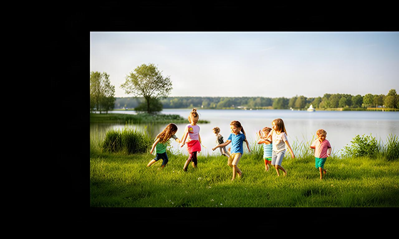 Kinder spielen am Vörder See in Bremervörde auf einer grünen Wiese nahe dem Wasser