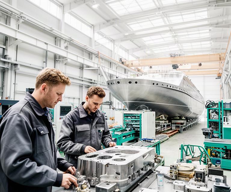 Mitarbeiter in einer hellen Werfthalle bei der Arbeit an nachhaltiger Schiffbautechnik in Bremervörde