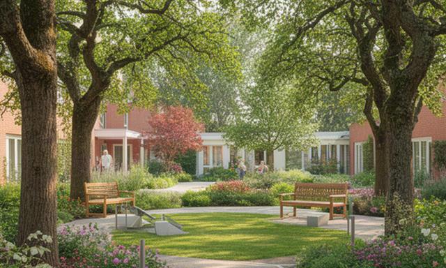 Gepflegter Garten eines Seniorenheims in Bremervörde mit Sitzplätzen und alten Bäumen