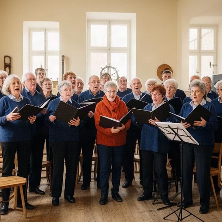 Shantychor Bremervörde singt gemeinsam in einem hellen Vereinsraum mit Notenmappen