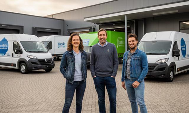 Gründerteam von Windkante Logistik vor Transportfahrzeugen an einem Gewerbestandort im Elbe-Weser-Dreieck