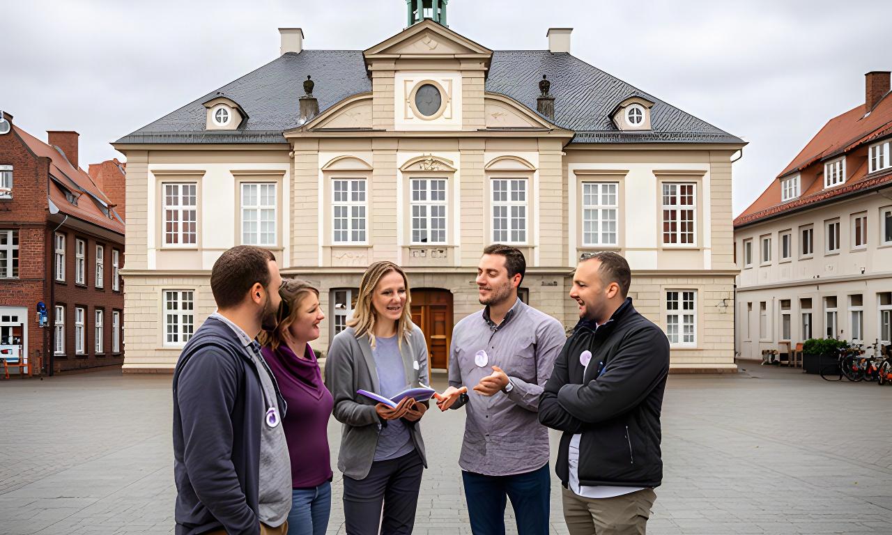 Redaktionsteam von Niemanns TagesNachrichten vor dem Rathaus in Bremervörde bei einer Besprechung